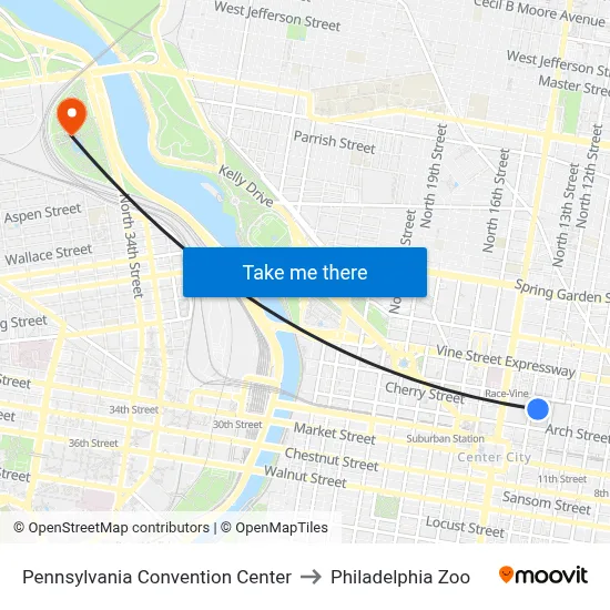 Pennsylvania Convention Center to Philadelphia Zoo map