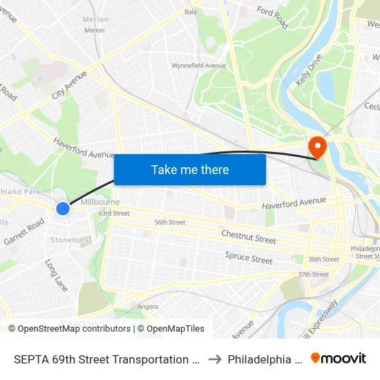 SEPTA 69th Street Transportation Center to Philadelphia Zoo map