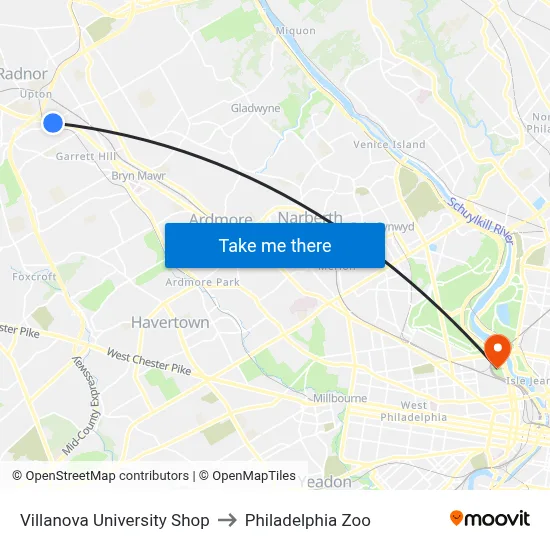 Villanova University Shop to Philadelphia Zoo map