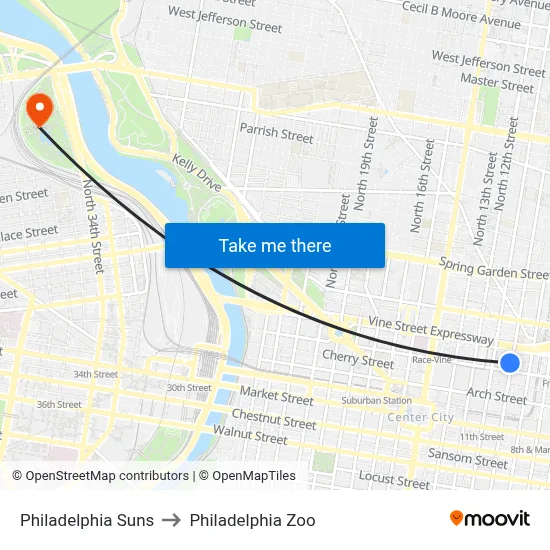 Philadelphia Suns to Philadelphia Zoo map