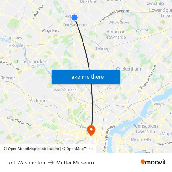 Fort Washington to Mutter Museum map