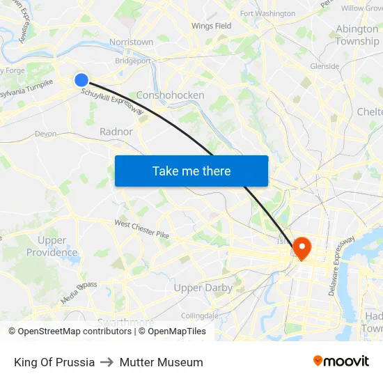 King Of Prussia to Mutter Museum map