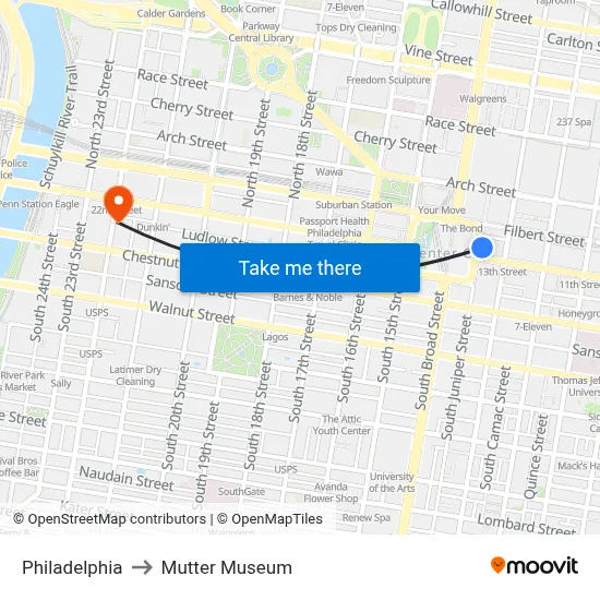 Philadelphia to Mutter Museum map
