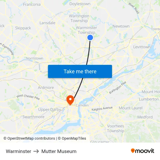 Warminster to Mutter Museum map
