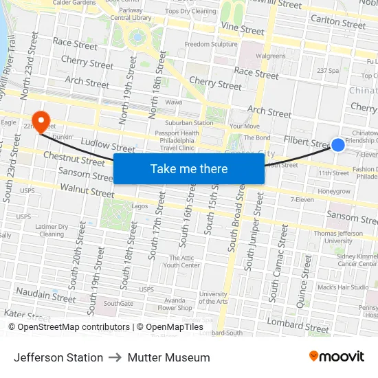 Jefferson Station to Mutter Museum map