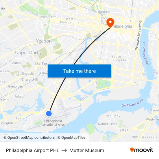 Philadelphia Airport PHL to Mutter Museum map