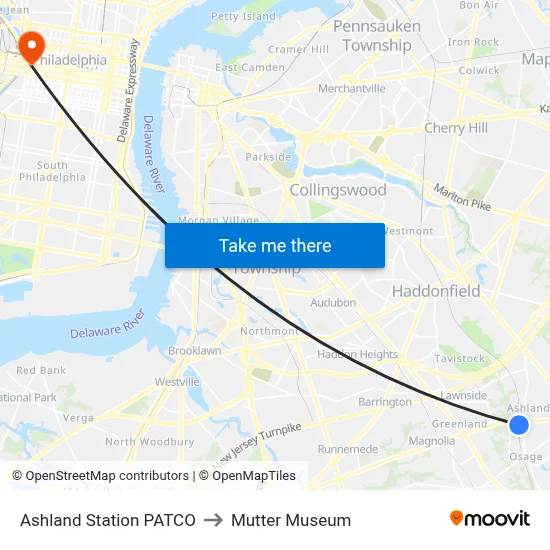 Ashland Station PATCO to Mutter Museum map
