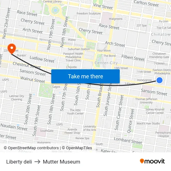 Liberty deli to Mutter Museum map