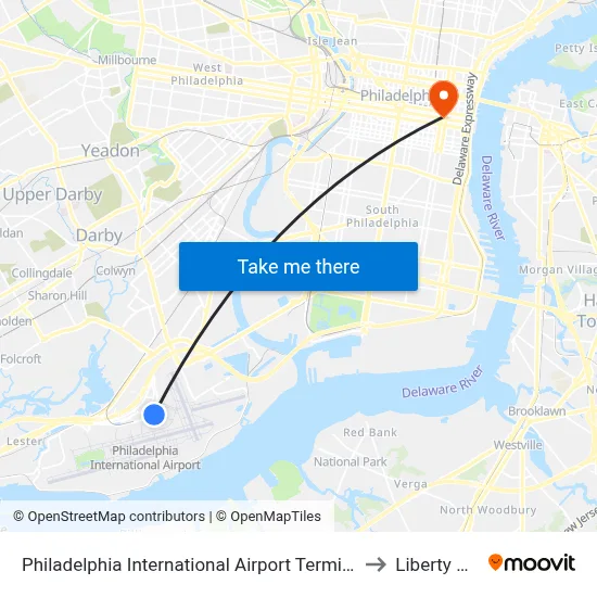 Philadelphia International Airport Terminal D to Liberty Bell map