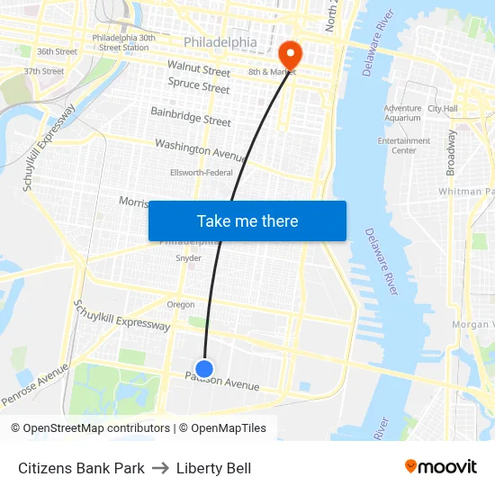 Citizens Bank Park to Liberty Bell map