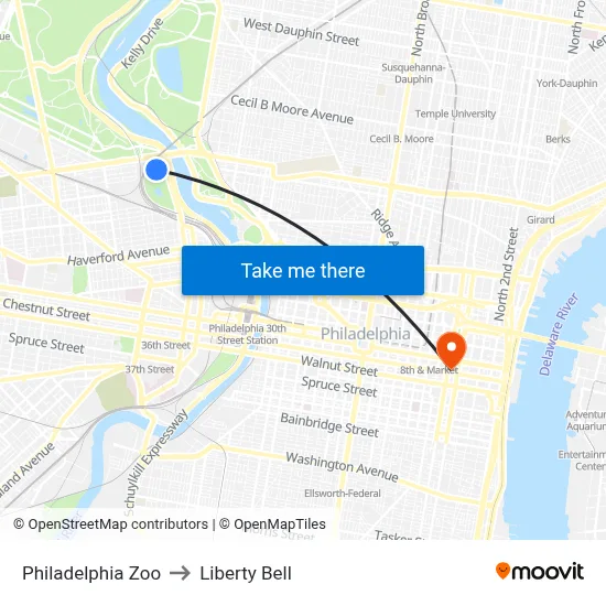 Philadelphia Zoo to Liberty Bell map