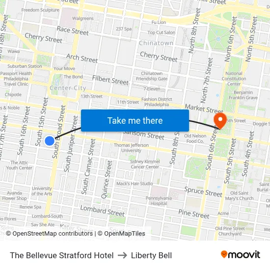 The Bellevue Stratford Hotel to Liberty Bell map