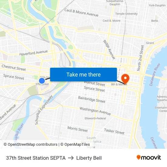 37th Street Station SEPTA to Liberty Bell map