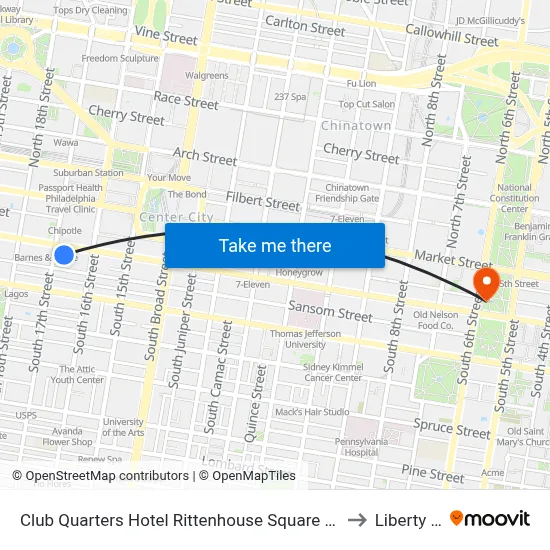 Club Quarters Hotel Rittenhouse Square Philadelphia to Liberty Bell map