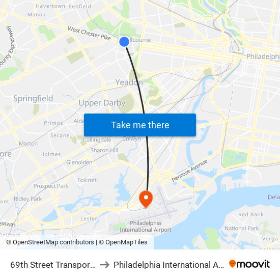 69th Street Transportation Center to Philadelphia International Airport Terminal C map