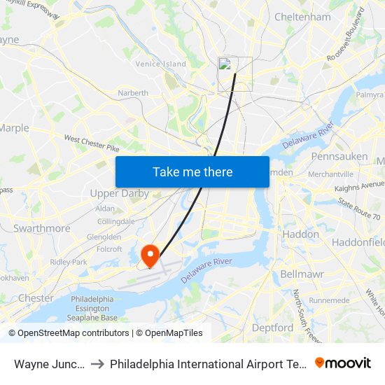 Wayne Junction to Philadelphia International Airport Terminal C map