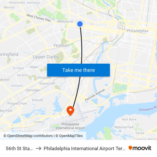 56th St Station to Philadelphia International Airport Terminal C map