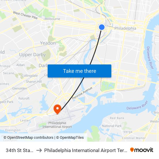34th St Station to Philadelphia International Airport Terminal C map