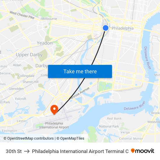 30th St to Philadelphia International Airport Terminal C map