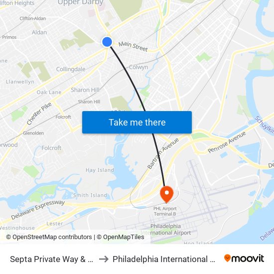 Septa Private Way & Macdade Blvd to Philadelphia International Airport Terminal C map