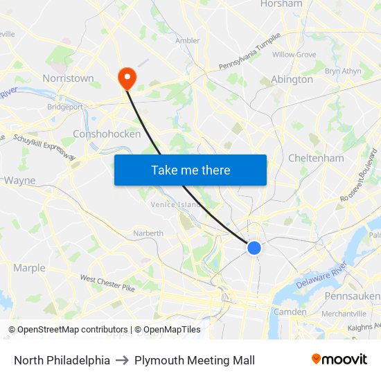 North Philadelphia to Plymouth Meeting Mall map