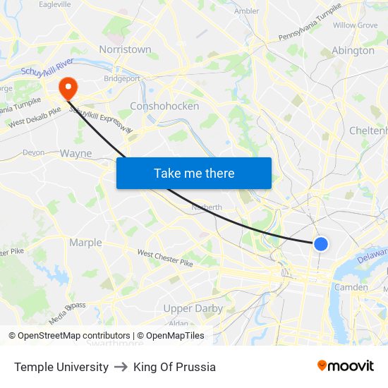 Temple University to King Of Prussia map