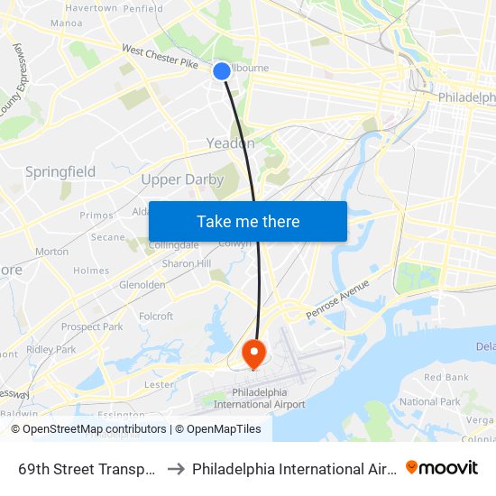 69th Street Transportation Center to Philadelphia International Airport Terminal A East map