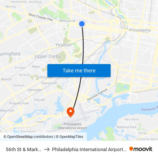 56th St & Market St - Fs to Philadelphia International Airport Terminal A East map