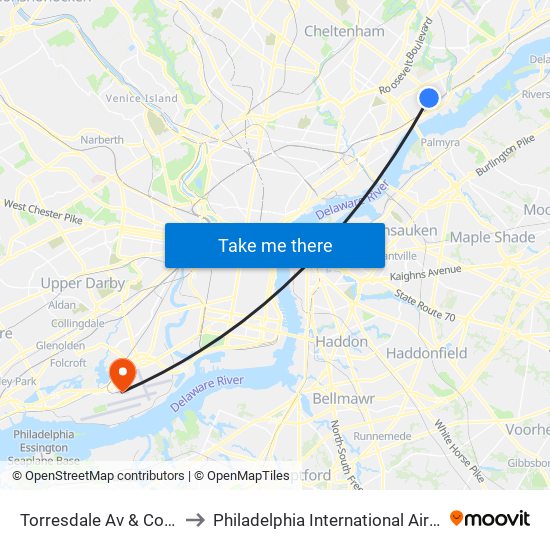 Torresdale Av & Cottman Av Loop to Philadelphia International Airport Terminal A East map