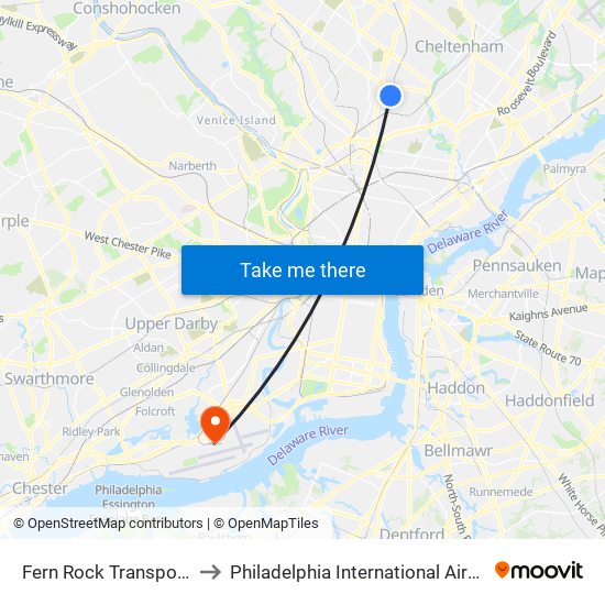 Fern Rock Transportation Center to Philadelphia International Airport Terminal A East map