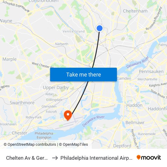 Chelten Av & Germantown Av to Philadelphia International Airport Terminal A East map