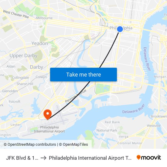 JFK Blvd & 15th St to Philadelphia International Airport Terminal A East map