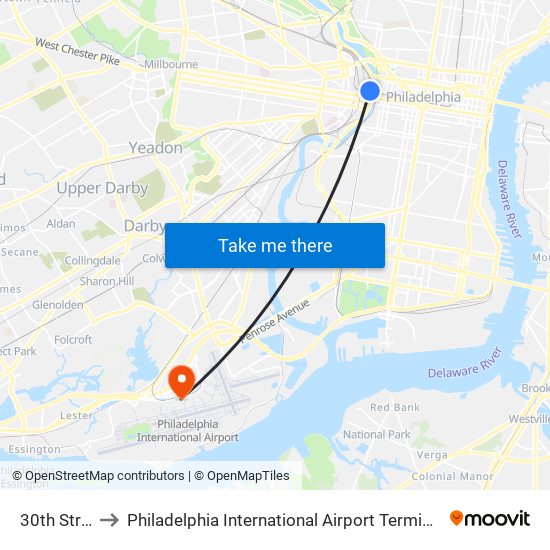 30th Street to Philadelphia International Airport Terminal A East map
