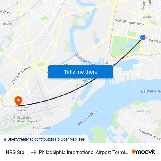 NRG Station to Philadelphia International Airport Terminal A East map