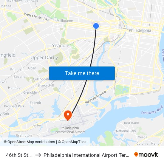 46th St Station to Philadelphia International Airport Terminal A East map