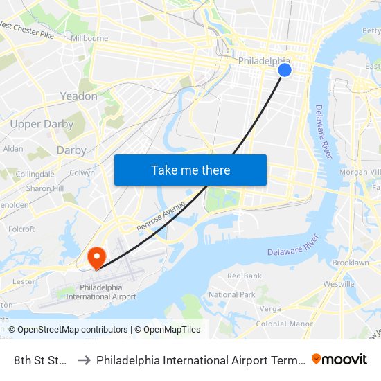 8th St Station to Philadelphia International Airport Terminal A East map