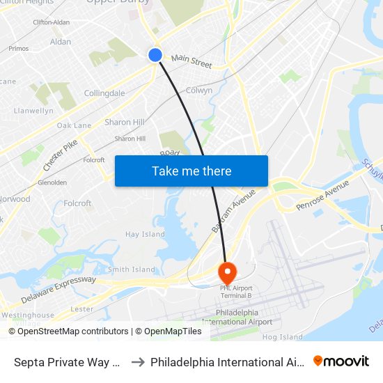 Septa Private Way & Macdade Blvd to Philadelphia International Airport Terminal A East map