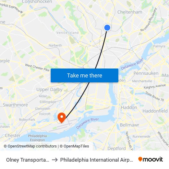 Olney Transportation Center to Philadelphia International Airport Terminal A East map