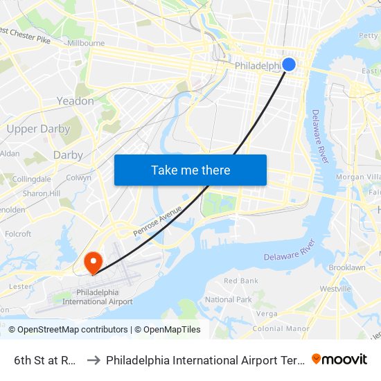 6th St at Race St to Philadelphia International Airport Terminal A East map