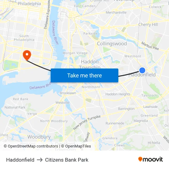 Haddonfield to Citizens Bank Park map