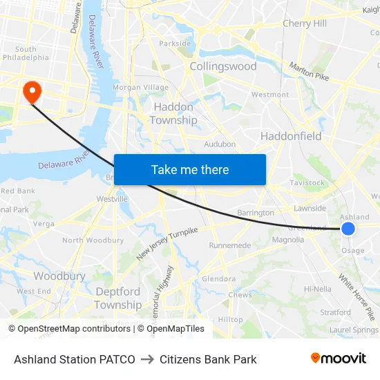 Ashland Station PATCO to Citizens Bank Park map