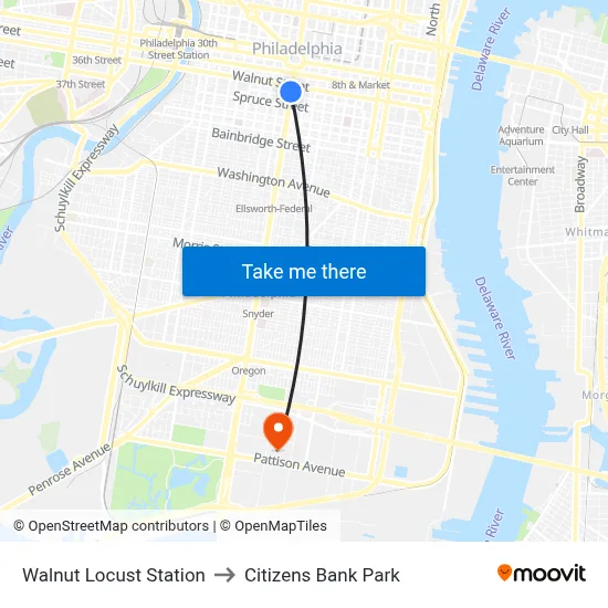 Walnut Locust Station to Citizens Bank Park map