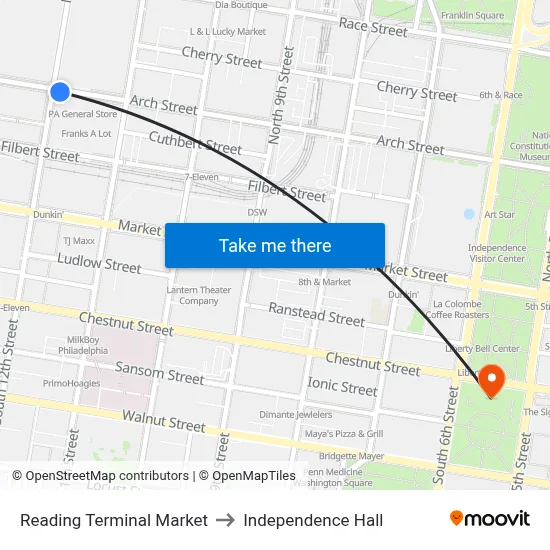 Reading Terminal Market to Independence Hall map