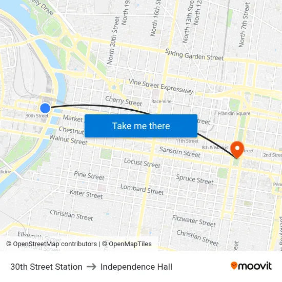 30th Street Station to Independence Hall map