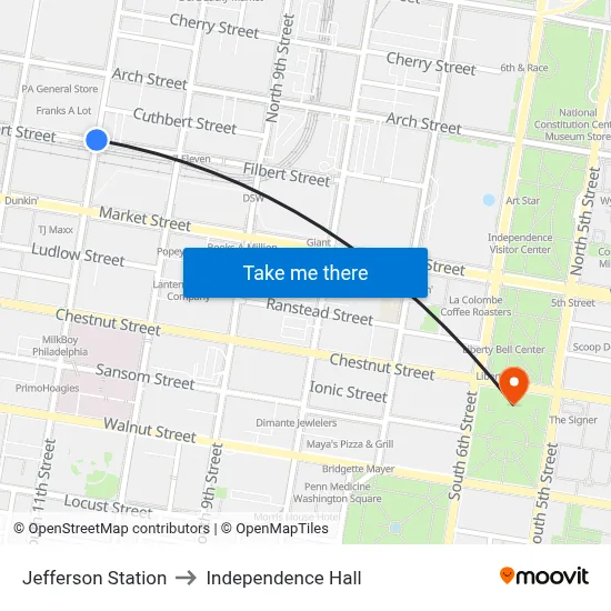 Jefferson Station to Independence Hall map
