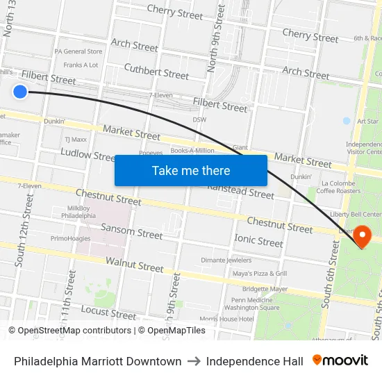 Philadelphia Marriott Downtown to Independence Hall map