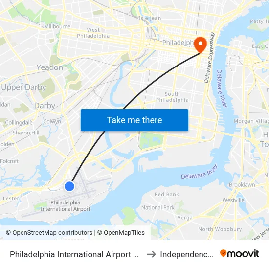 Philadelphia International Airport Terminal D to Independence Hall map