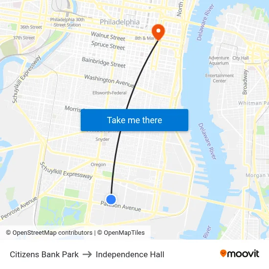 Citizens Bank Park to Independence Hall map