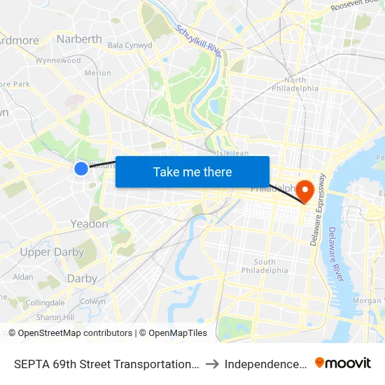 SEPTA 69th Street Transportation Center to Independence Hall map
