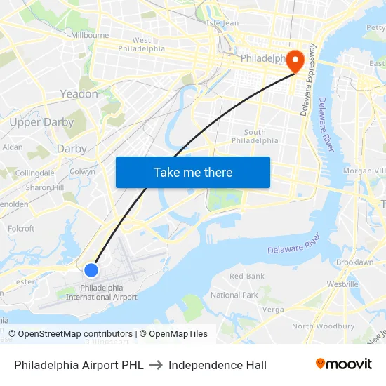 Philadelphia Airport PHL to Independence Hall map